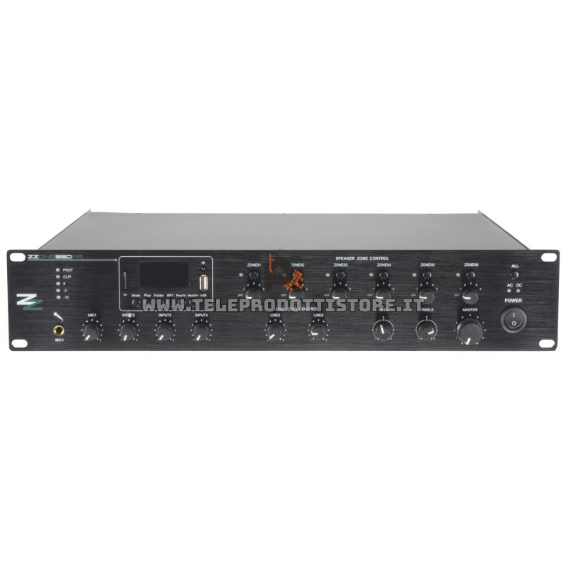 Zzipp ZZONE350PA Amplificatore mixer 100V 350w lettore usb/bt/fm/DAB a 6 zone